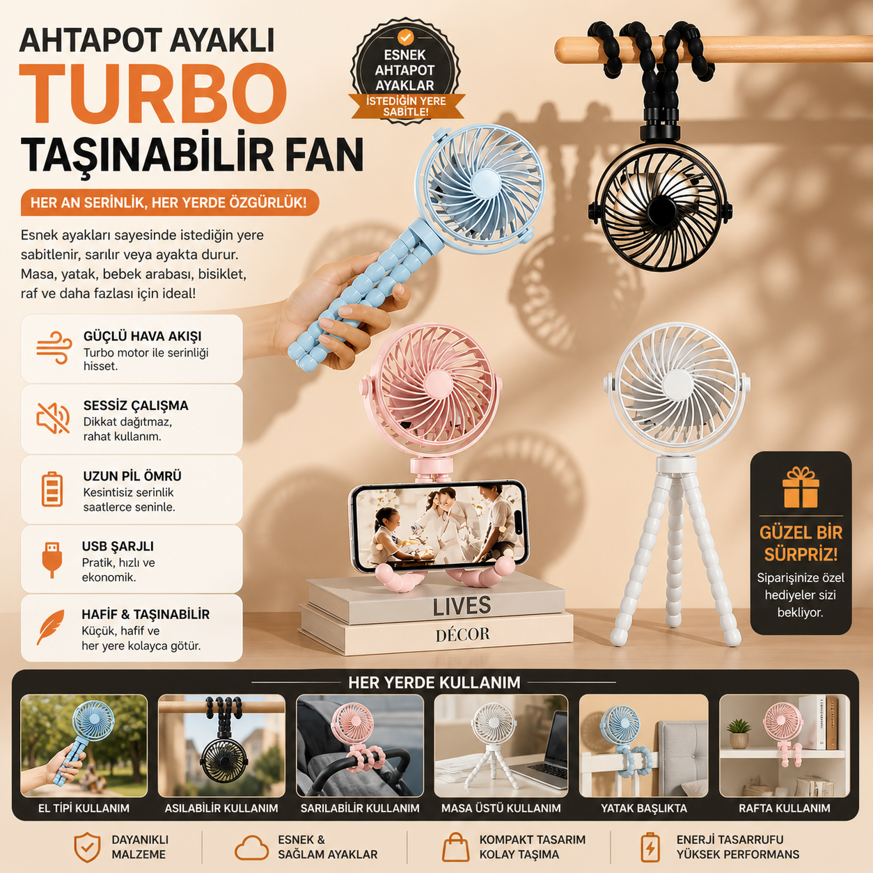 YUBERRA™ Ahtapot Ayaklı Turbo Taşınabilir Fan