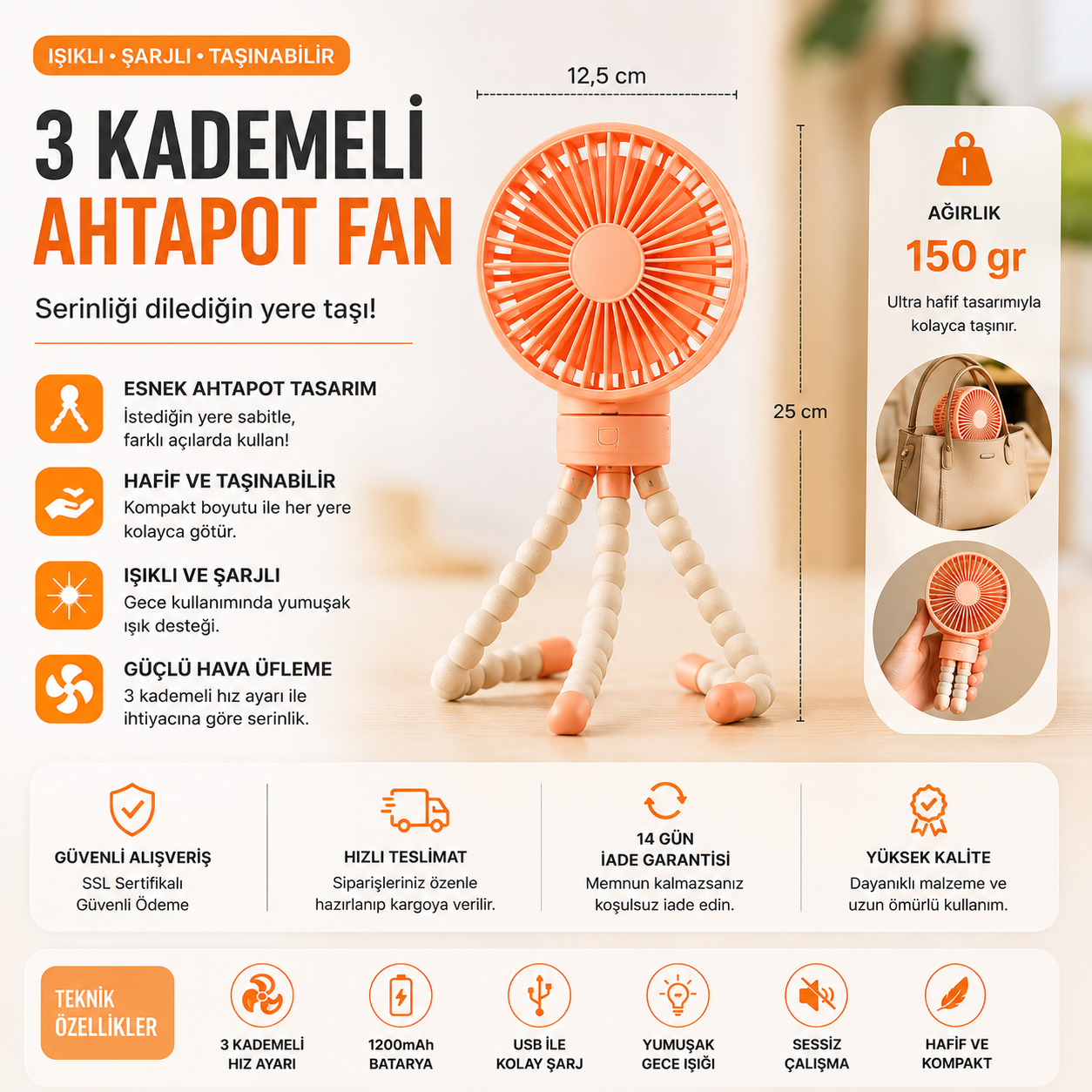 YUBERRA™ Ahtapot Ayaklı Turbo Taşınabilir Fan